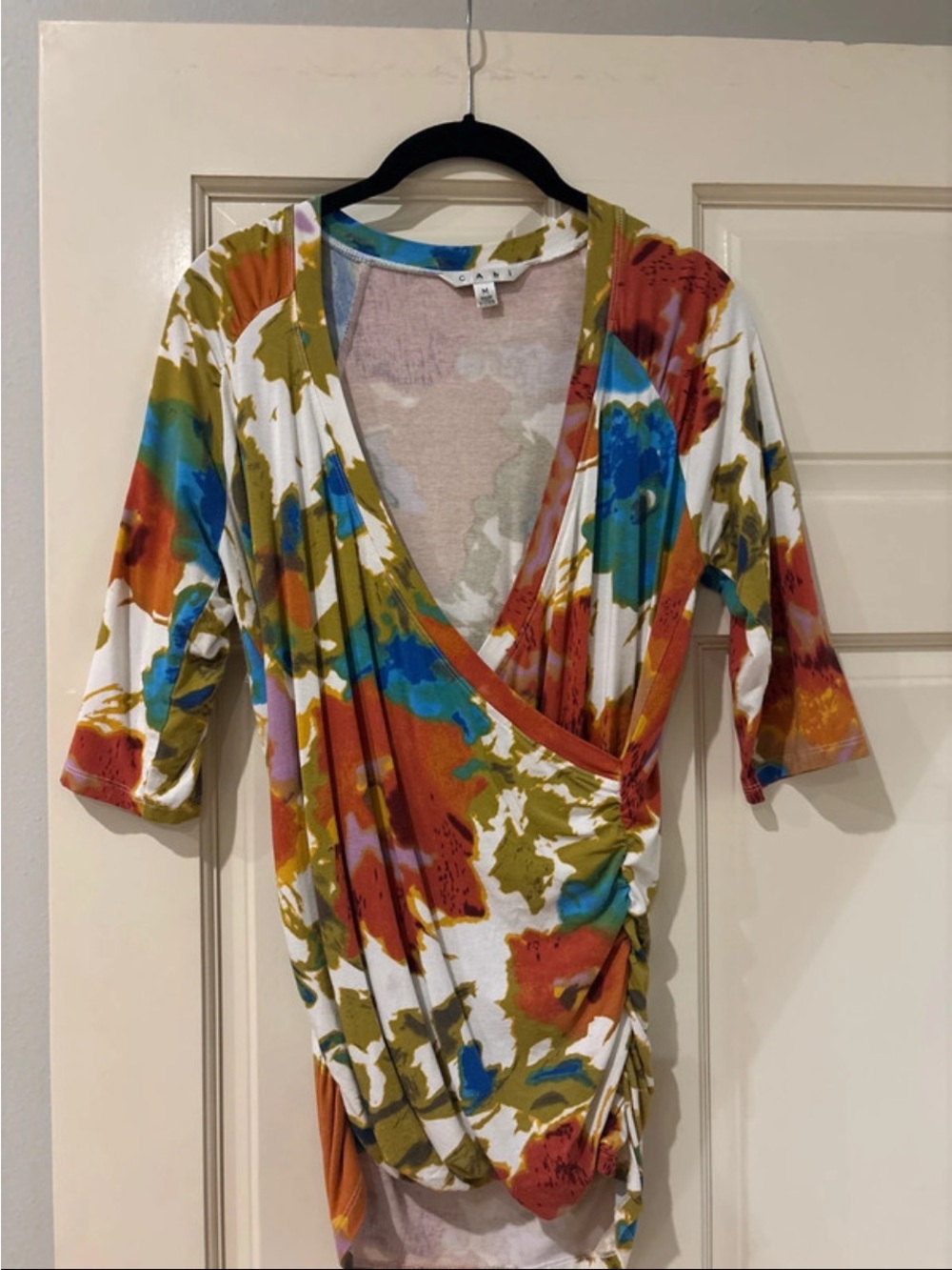 CAbi Multicolor Abstract Wrap Blouse in White, Olive, Rust, Blue